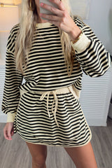 Black Stripe Textured Drop Shoulder Pullover Top Drawstring Mini Skirt Two Piece Dress Set