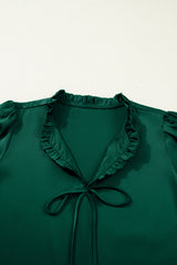 Fiery Red Solid Color Frilled V Neck Bow Detail 3/4 Sleeve Blouse