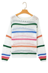 White Colorblock Striped Pointelle Knit Sweater