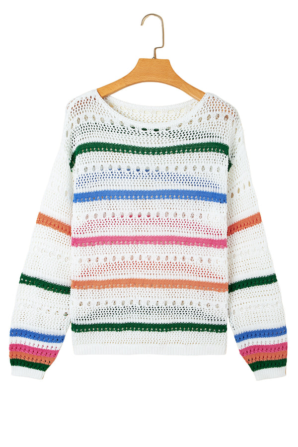 White Colorblock Striped Pointelle Knit Sweater