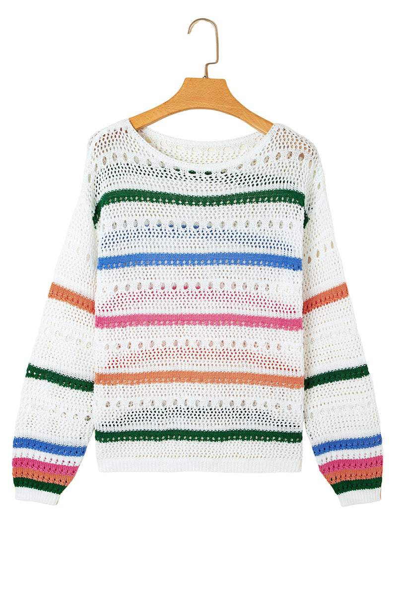 White Colorblock Striped Pointelle Knit Sweater