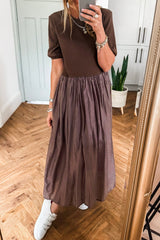 Black Short Sleeve Knit Top Patchwork Pleated Long Dress