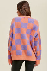 Parchment Checkered Pattern Ribbed Trim Knit Baggy Sweater
