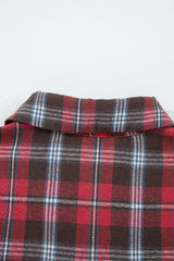 Red Plaid Print Collared V Neck Loose Blouse with Side Slits