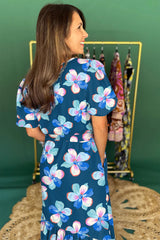 Blue Floral Print Short Puff Sleeve Ruffle Hem Belted Long Dress