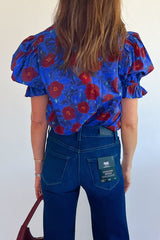Blue Ruffled Short Balloon Sleeve Frilled V Neck Floral Blouse