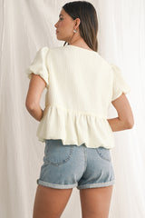 White Bow Front Babydoll Textured Blouse