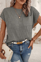 Dusty Pink Lattice Textured Knit Short Sleeve Baggy Sweater