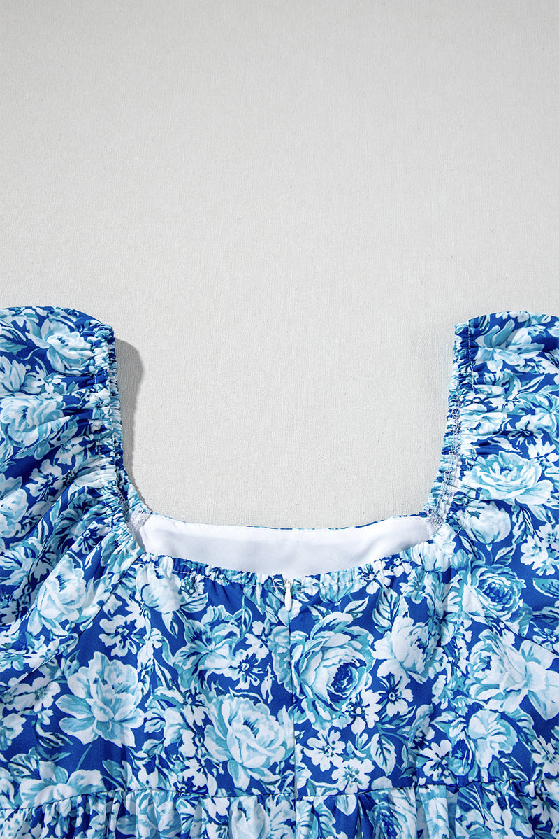 Blue Floral Puff Sleeve Babydoll Mini Dress
