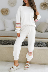 Beige Striped Drop Shoulder Pullover and Jogger Pants Active Outfit