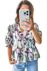 Purple Floral Ricrac Trim Puff Sleeve Peplum Blouse
