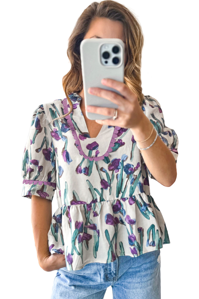 Purple Floral Ricrac Trim Puff Sleeve Peplum Blouse