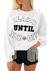 White CLASSY UNTIL KICKOFF Letter Graphic Loose Sweatshirt