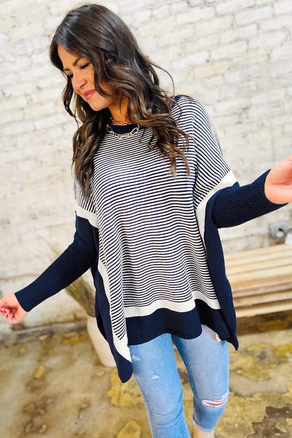 Blue Striped Colorblock Patchwork Dolman Oversize Tunic Sweater