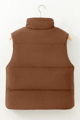 Beige Corduroy Stand Neck Zipped Puffer Vest