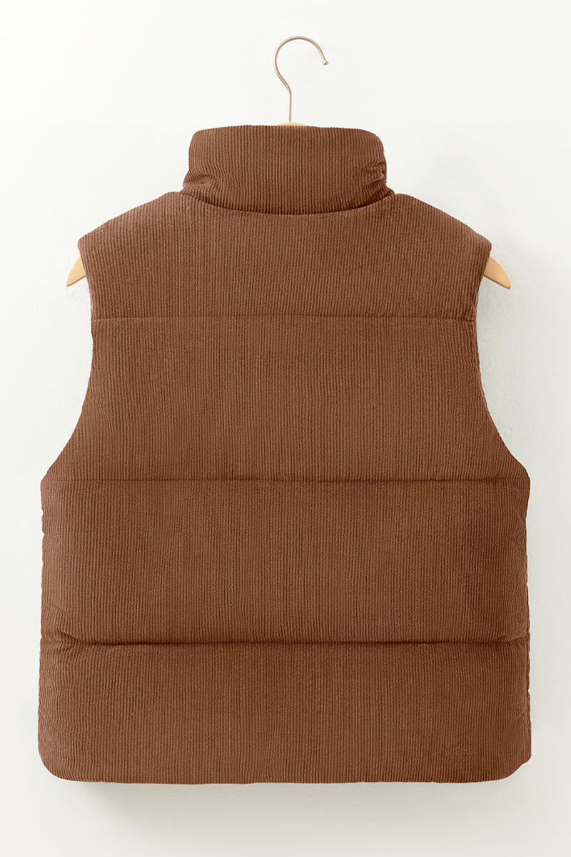 Beige Corduroy Stand Neck Zipped Puffer Vest