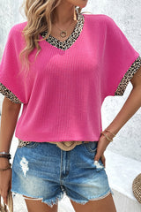 Bright Pink Leopard Patchwork Corded Texture V Neck T Shirt