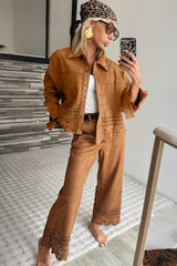 Thai Curry Solid Color Faux Suede Hollowed Detail Retro Style Jacket