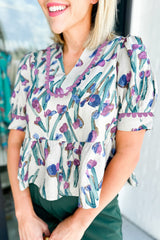 Purple Floral Ricrac Trim Puff Sleeve Peplum Blouse