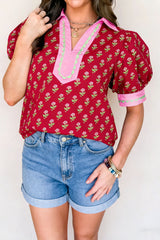 Red Contrast Collared V Neck Ricrac Trim Short Puff Sleeve Flower Blouse