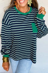 Green Stripe Ribbed Color Block Patchwork Crew Neck Patch Pocket Long Sleeve Top