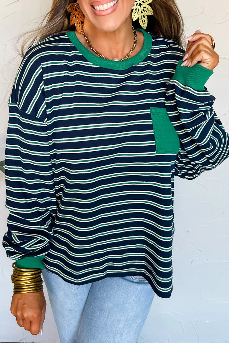 Green Stripe Ribbed Color Block Patchwork Crew Neck Patch Pocket Long Sleeve Top
