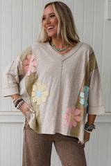 Pink Flower Patched Exposed Seam 3/4 Sleeve top