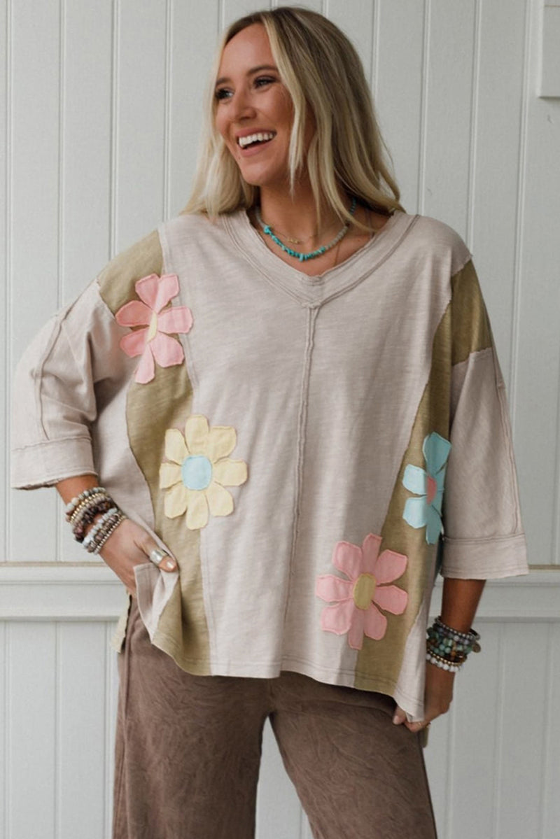 Pink Flower Patched Exposed Seam 3/4 Sleeve top