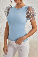 Beau Blue Flower Mesh Sleeve Slim Fit Blouse