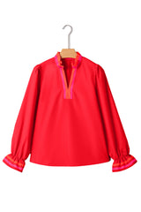 Fiery Red Striped Trim Ruffle Split Neck Long Sleeve Blouse