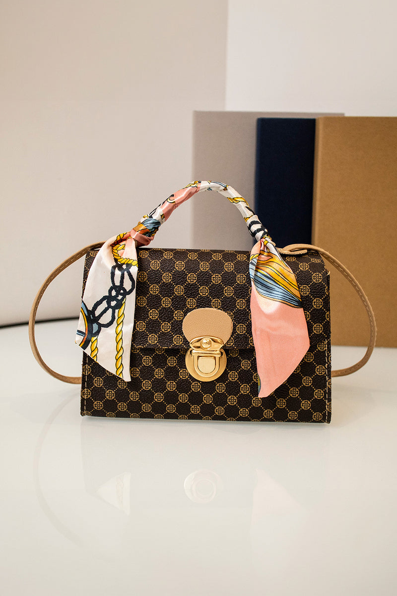 Coffee Geometric Pattern Ribbon Decor PU Leather Bag