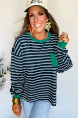 Green Stripe Ribbed Color Block Patchwork Crew Neck Patch Pocket Long Sleeve Top