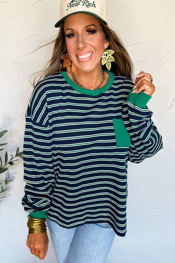 Green Stripe Ribbed Color Block Patchwork Crew Neck Patch Pocket Long Sleeve Top