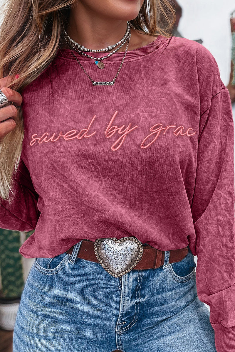 Sea Green  saved by grace Letter Embroidery Mineral Wash Loose Sweatshirt