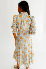 Brown Floral Printed Frilled V Neck Bracelet Sleeve Long Dress