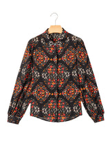 Black Floral Print Collared Button Up Puff Sleeve Shirt