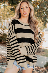 Brown Stripe Drop Shoulder Sleeve Patchwork Baggy Sweater