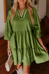 Jungle Green Contrast Stitched V Neck 3/4 Sleeve Swing Mini Dress