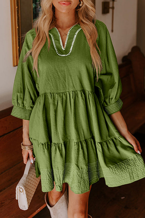 Jungle Green Contrast Stitched V Neck 3/4 Sleeve Swing Mini Dress
