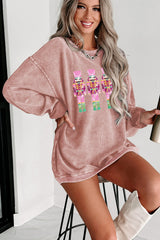 Pink Nutcracker Graphic Sequins Patch Mineral Wash Corded Sweatshirt