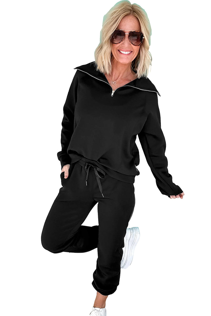 Black Zip Collar Long Sleeve Top Drawstring Pants Set