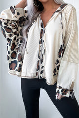 Apricot Leopard Mixed Texture Patchwork Zip Up Drop Shoulder Hoodie
