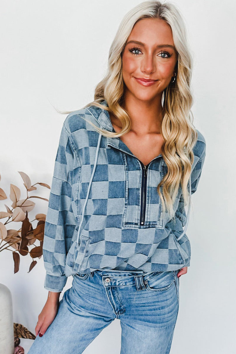 Sky Blue Checkerboard Zipped Collar Kangaroo Pocket Denim Hoodie