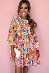 Pink Palm Paradise Floral Bell Sleeve Loose Mini Dress