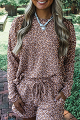 Khaki Leopard Ribbed Long Sleeve Top Drawstring Shorts 2pcs Outfit