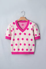 Rose Red Polka Dot Puff Short Sleeve Sweater Top