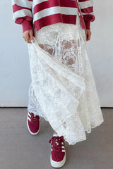 White Sheer Floral Lace Flowy Maxi Skirt