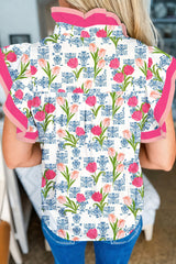 Rose Floral Print Color Block Striped Trim Flutter Sleeve Half Button Blouse