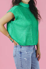 Bright Green Solid Color Metallic Knit High Neck Short Sleeve Sweater