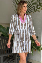 Black Floral Abstract Print V Neck Tiered Mini Dress
